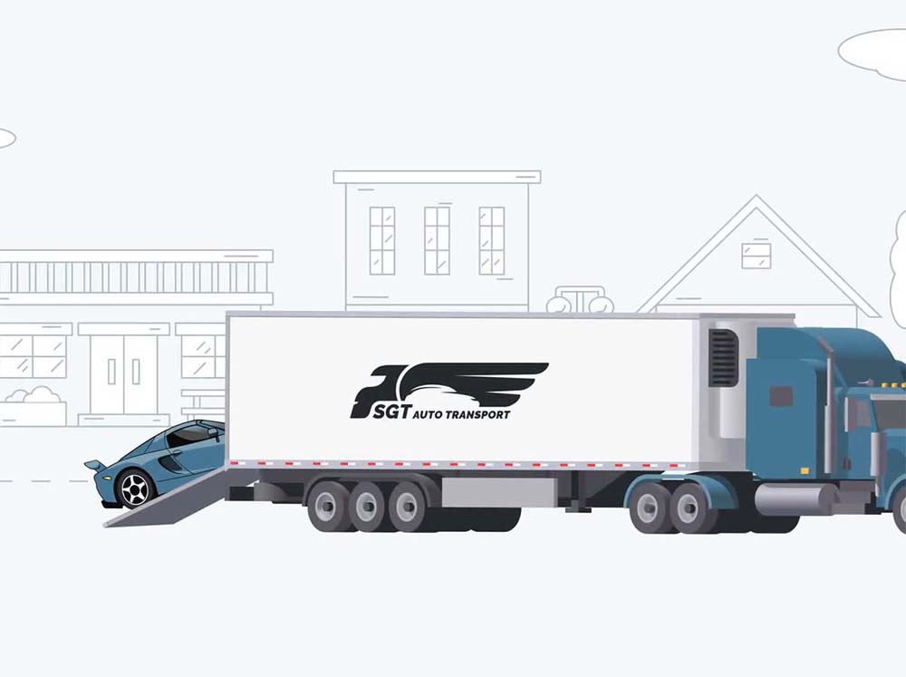 Illustrated graphic showing SGT Auto Transport branded truck and trailer picking up a blue sports car in front of residential houses