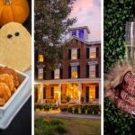 Three-panel image showing Halloween-themed jambalaya with ghost-shaped cornbread and googly eyes, Brampton 1860's historic brick manor house illuminated at dusk with white porch columns, and a furry monster glove holding a champagne flute against ivy backdrop