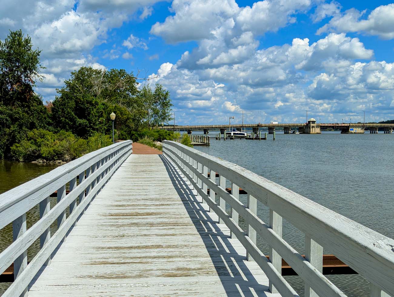 White wooden boardwalk pier extending over Chester River with gray railings on both sides, blue sky with white clouds, marina dock with boats visible in background, trees lining waterfront, peaceful water scene