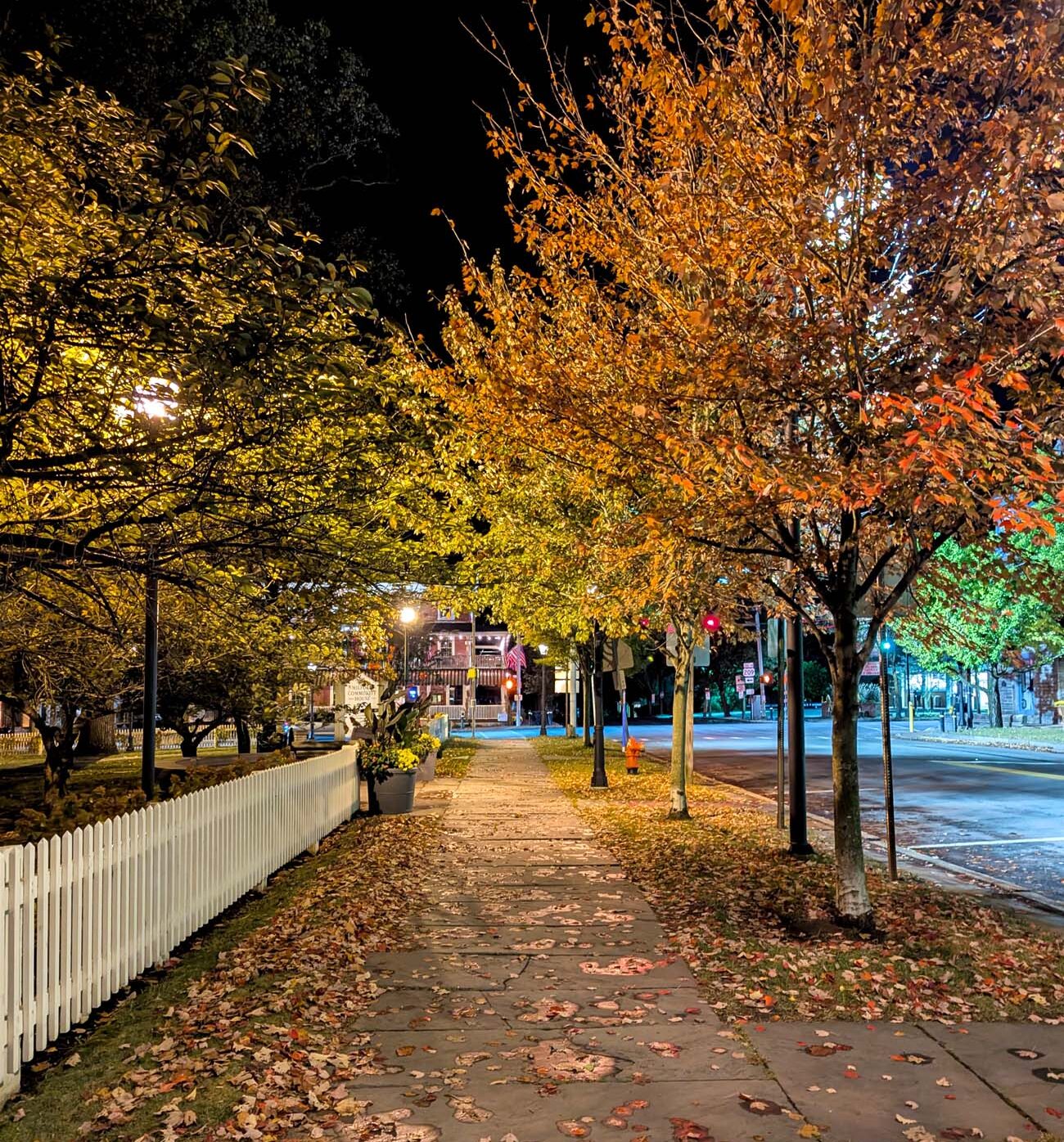 Fallen autumn leaves covering sidewalk illuminated by vintage street lamps along tree-lined residential streets in historic downtown Milford Pennsylvania at dusk with golden and orange foliage on trees